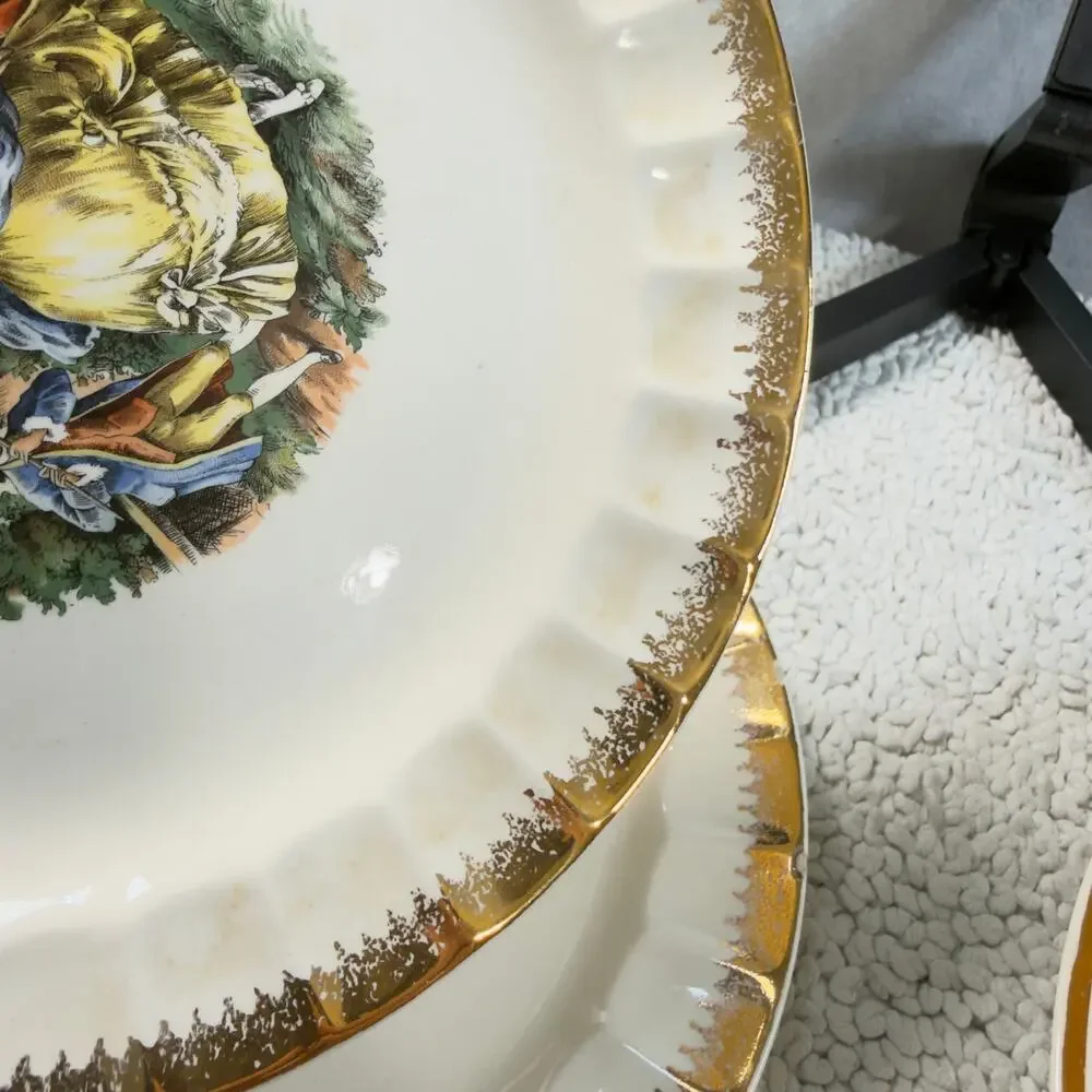 Vintage Cronin China Minerva Oh 9” Luncheon Plate Colonial Gold Rim USA Set of 7